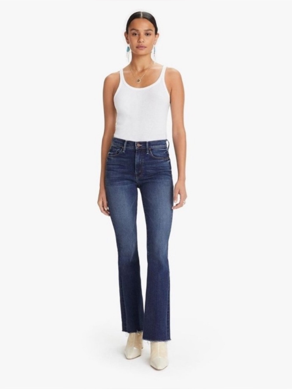 Mother Jeans 29 Weekender Fray Mid Rise Flare Raw Hem Sweet and Sassy Blue